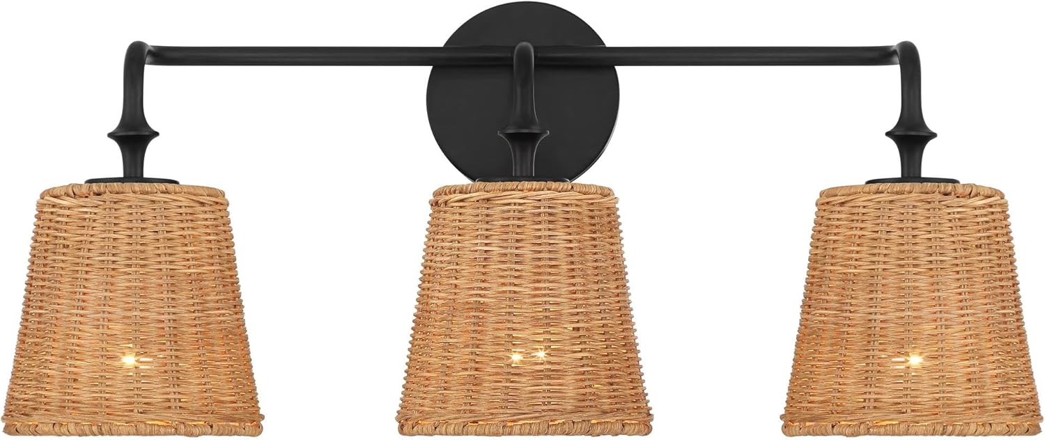 360 Lighting Keanu Farmhouse Rustic Cottage Wall Light Matte Black Hardwire 23 1/4" 3-Light Fixture Natural Rattan Shade for Bedroom Bathroom Bedside Vanity Living Room Mirror Hallway Dining