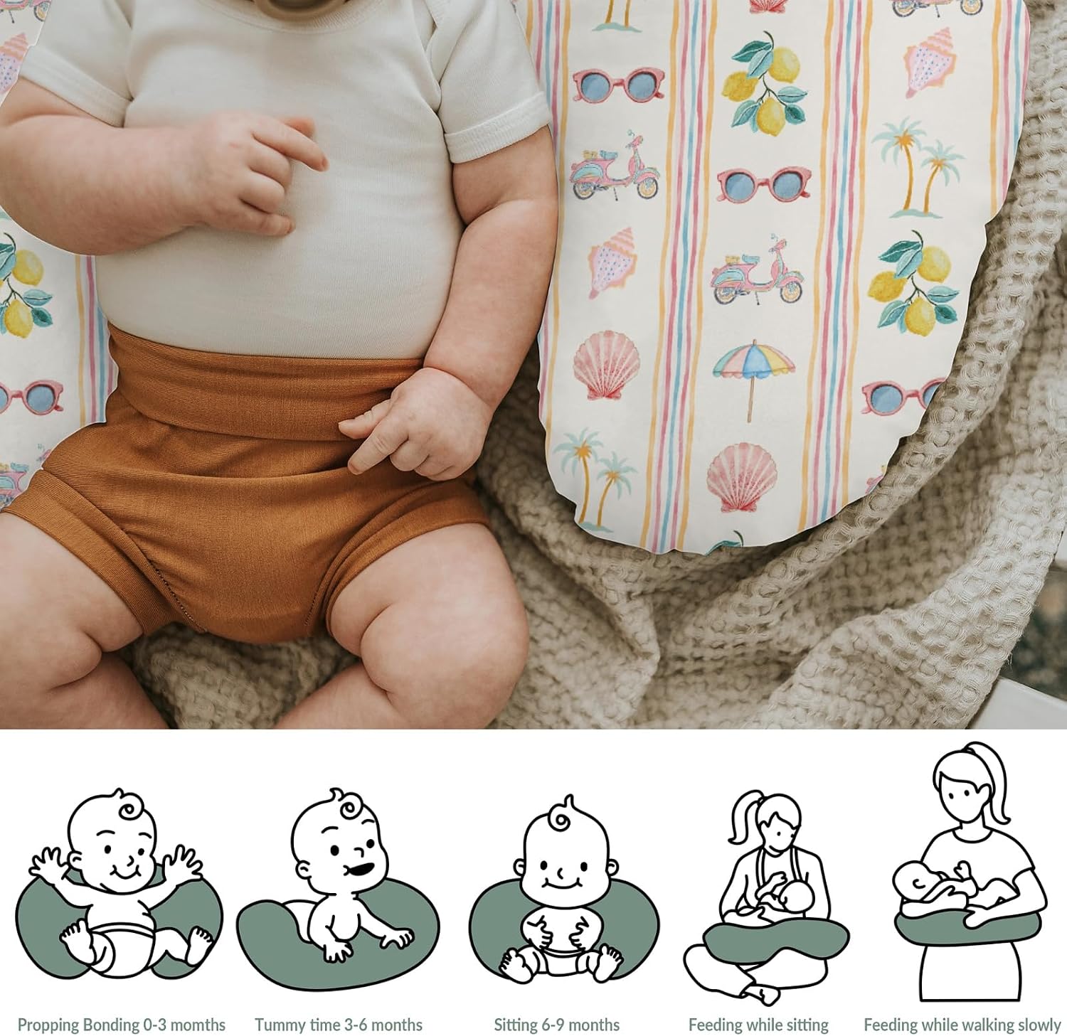 Boho Summer Beach Baby Nursing Pillow Covers for Girl Retro Lemon Palm Tree Sunglass Seashells Nursery Pillowcase for Breastfeeding Pillows Coastal Seaside Soft Stretchy Slipcovers for Newborn Infant