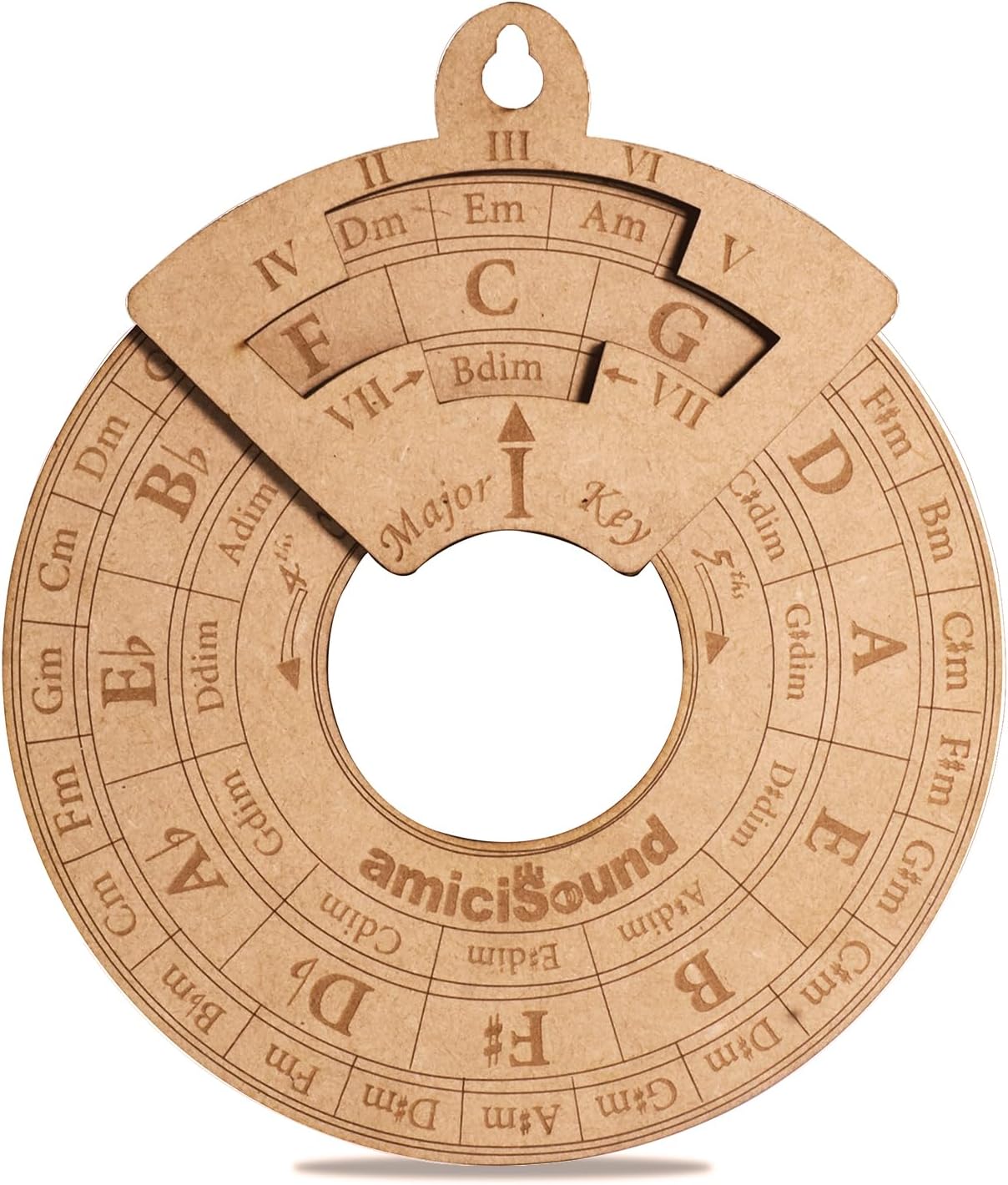 amiciSound Circle of Fifth Wheel with Rotating Related Chords Window, Music Theory Reference, Wooden Melody Tool for Songwriter Musician, Precious Gift for Music Lovers of any Age