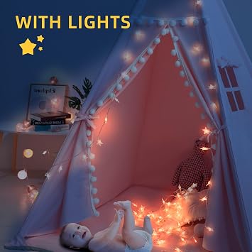 RONGFA Teepee Tent for Kids with Mat, Star Lights, Carry Case, Cotton Canvas Playhouse, Foldable Tents, Portable Children Play Tent Indoor Outdoor (Pink)