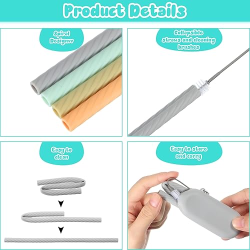 Miniatura 3 de Meanplan Pajitas de silicona reutilizables, juego de 4 popotes de crucero con estuche, reutilizables, de silicona, sin olor, portátil, para fiestas,