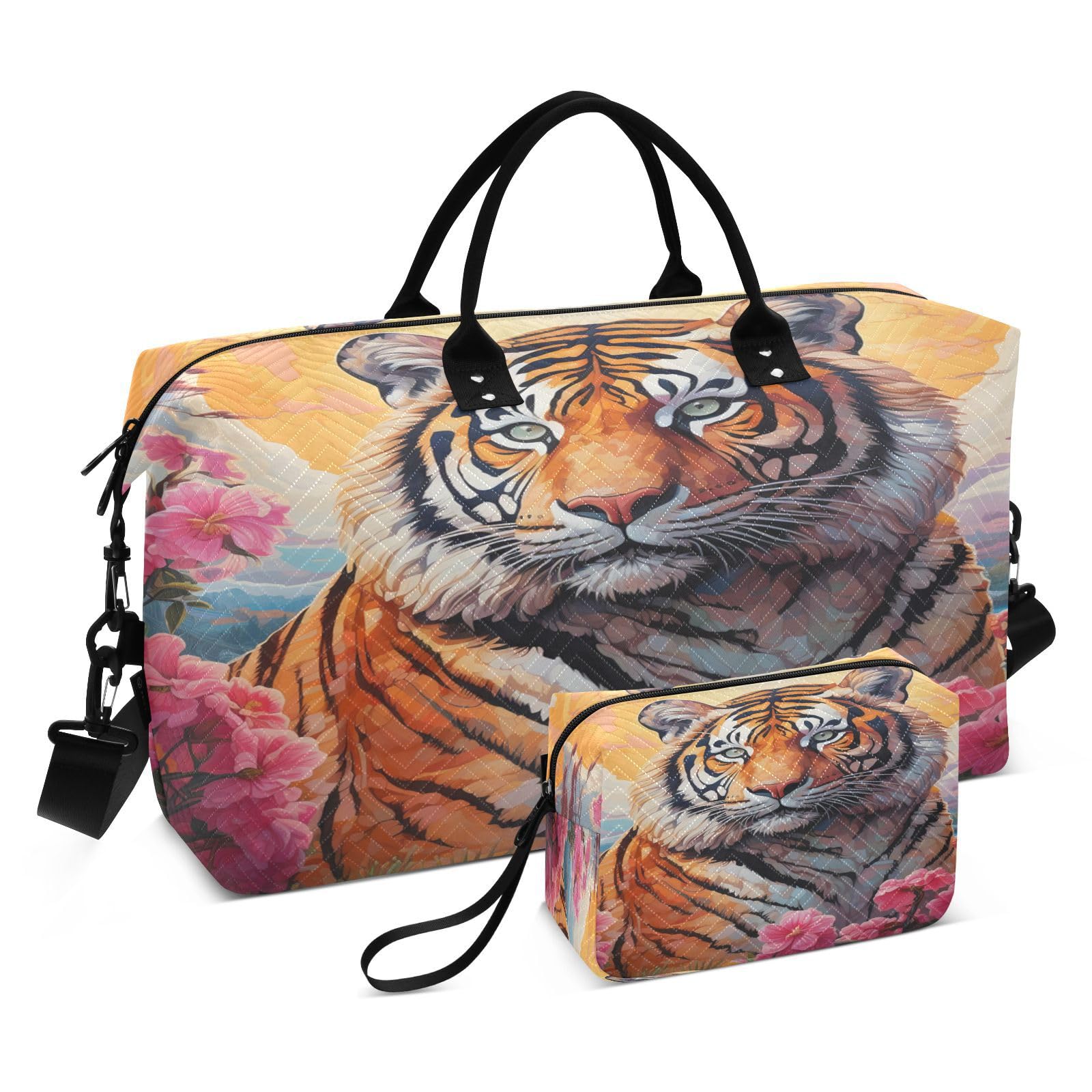 Flower Pattern Tiger Sports Swim Gym Bag Weekender Duffel Travel Bags Handbag with Makeup Storage Bag for Girls Men