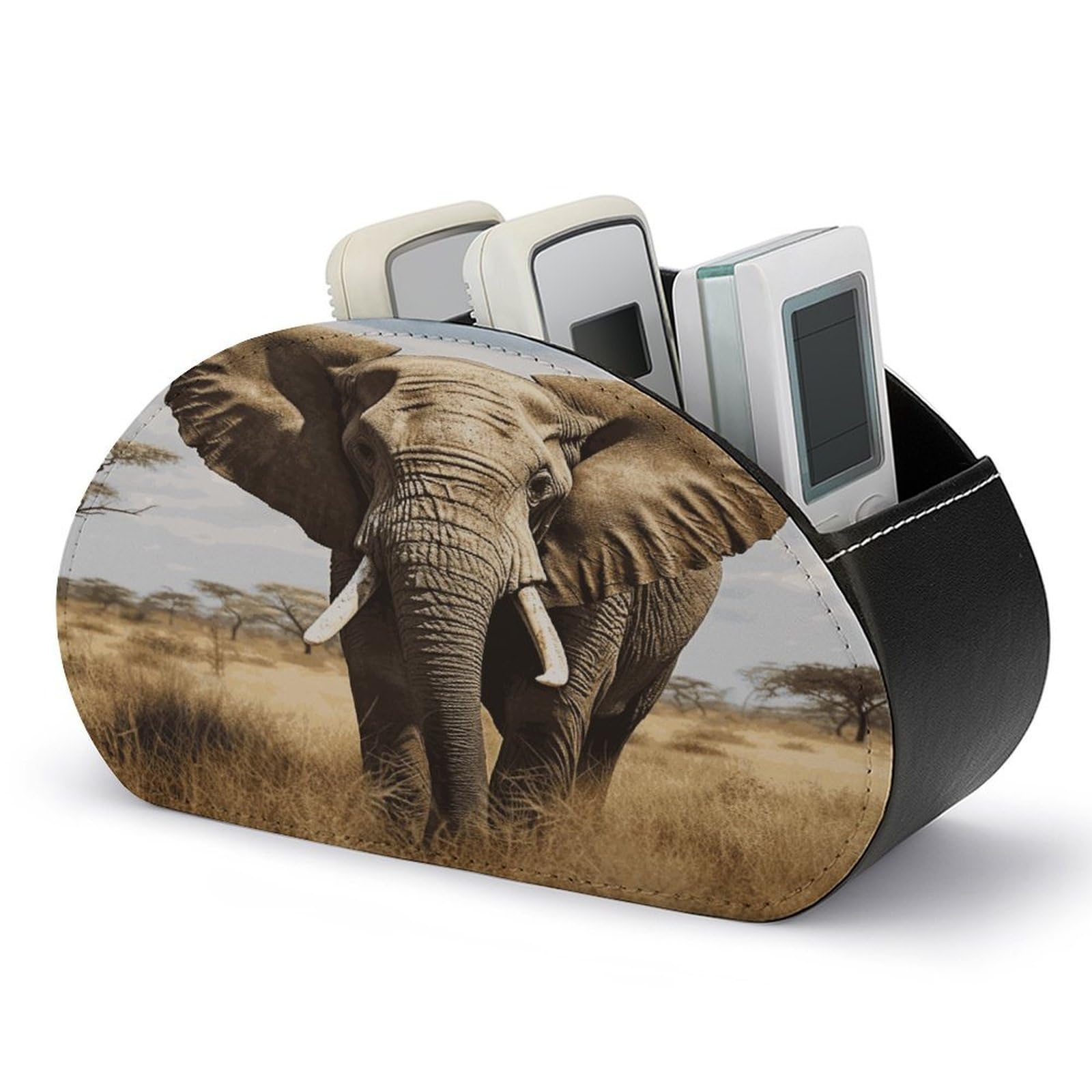FekiLoot Elephant Remote Control Holder with 5 Compartments Multi-functional TV Remote Caddy Organizer Leather TV Remote Holder Desktop Organizer Store for Bedside Table Office Desk