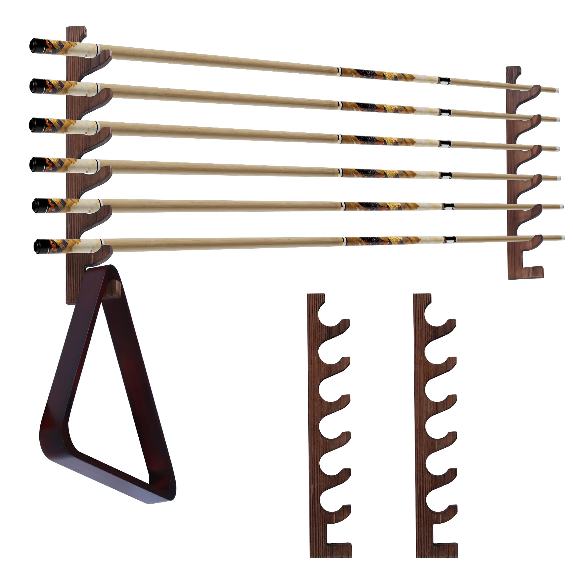 Wall Mount Pool Stick Holder-Billiards Pool Cue Rack for Made of 100% Solid Pine Wood, Holds Up to 6 Cues Stick Sand 2 Pool Ball Rack. Pool Table Accessories Organizer for Billiard Room or Club