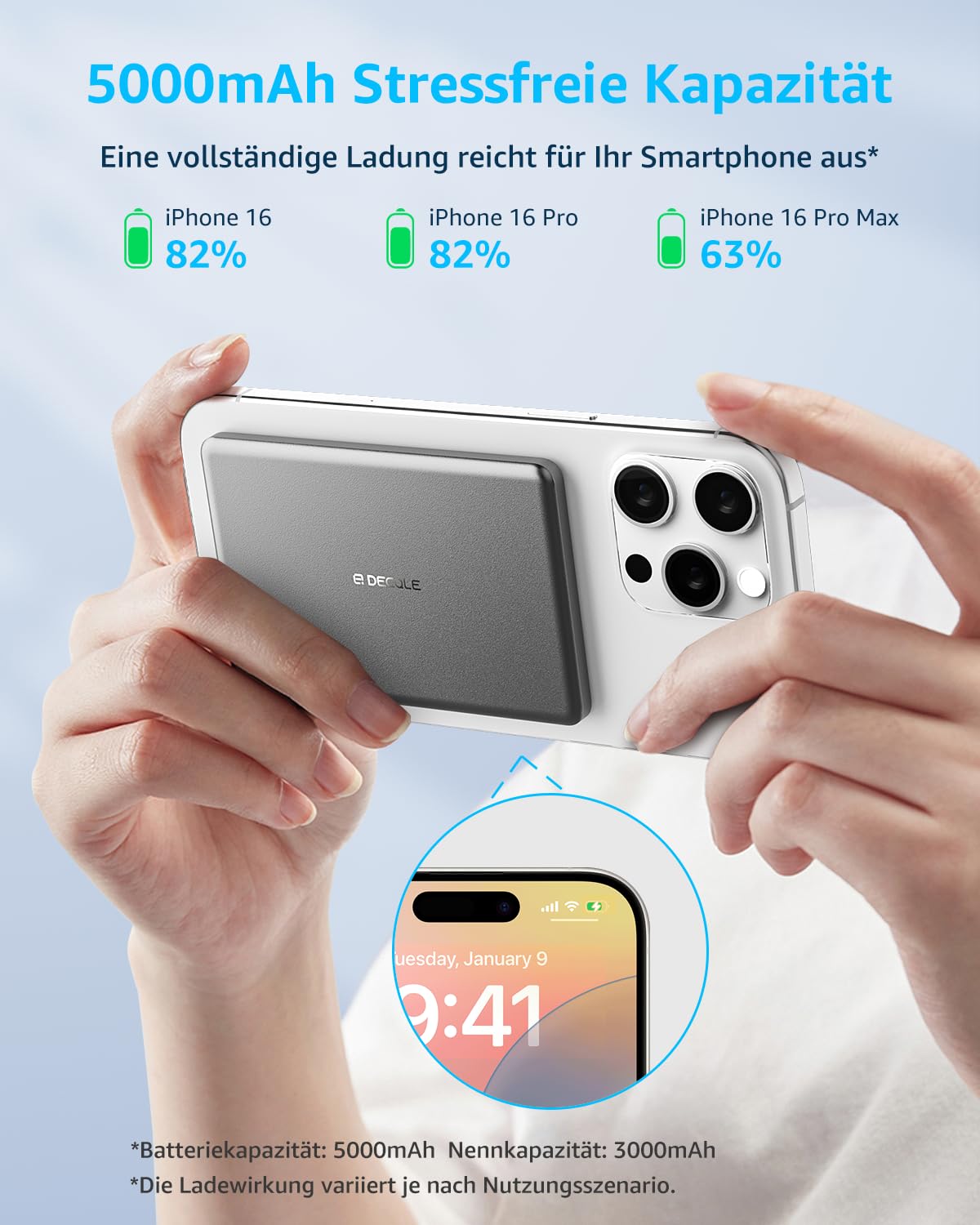 decqle “Air” Magnetische Powerbank für MagSafe, 5000mAh Ultra Slim Wireless Externe Akkupack mit USB-C Kabel, Akku Hülle Nur für iPhone 17/16/15/14/13/12 Serie (Grau)