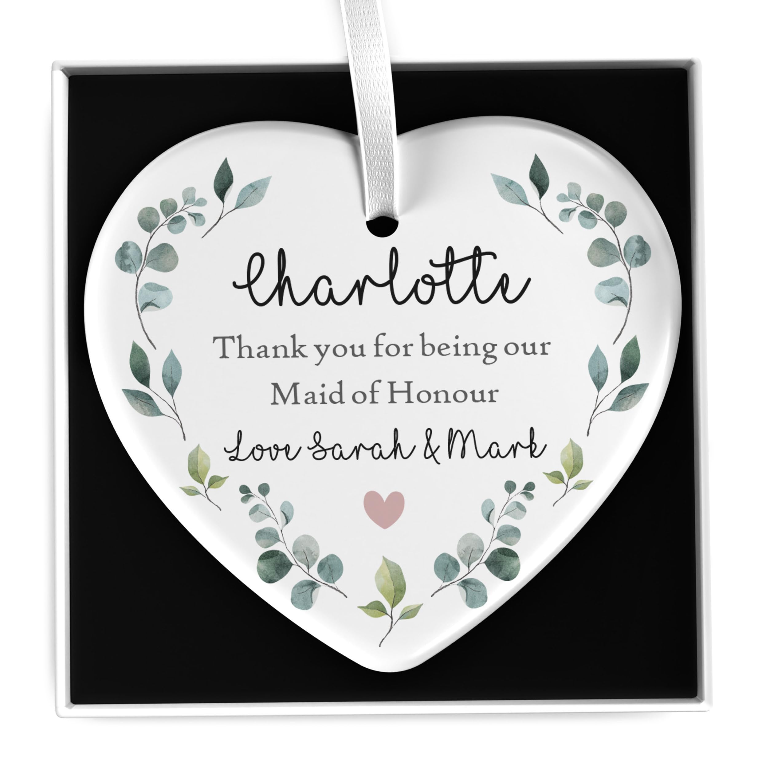 Beecreative Personalised Maid Of Honour Thank You - Eucalyptus Greenery Wedding Ceramic Keepsake - Gift For Maid Of Honour, Bridesmaid- With Gift Box