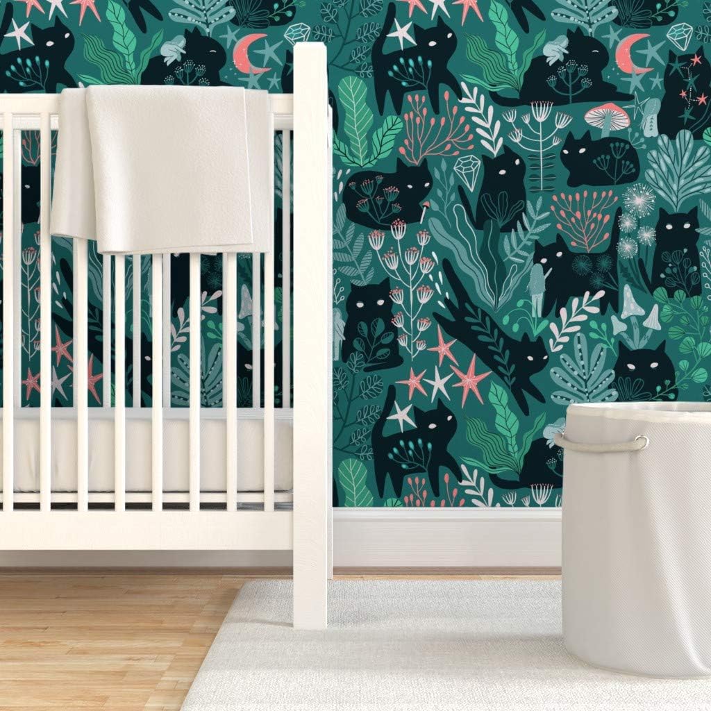Peel & Stick Wallpaper 3ft x 2ft - Green Forest Cats Fairy Girl Elves Kitty Summer Spring Kitten Baby Kid Custom Removable Wallpaper by Spoonflower