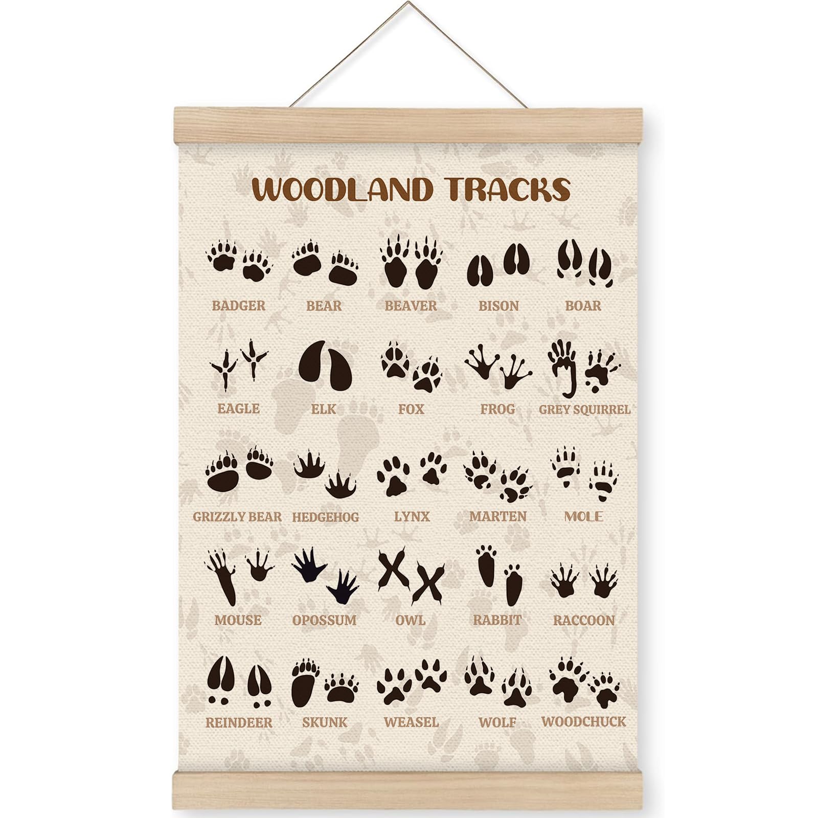 Animal Tracks Print Hanging Poster, Woodland Nursery Wall Decor Hanging Banner, Animals Tracks Field Guide Sign, Forest Wall Art Prints Wooden Poster Hanger Frame for Home Classroom 12x16 Inches