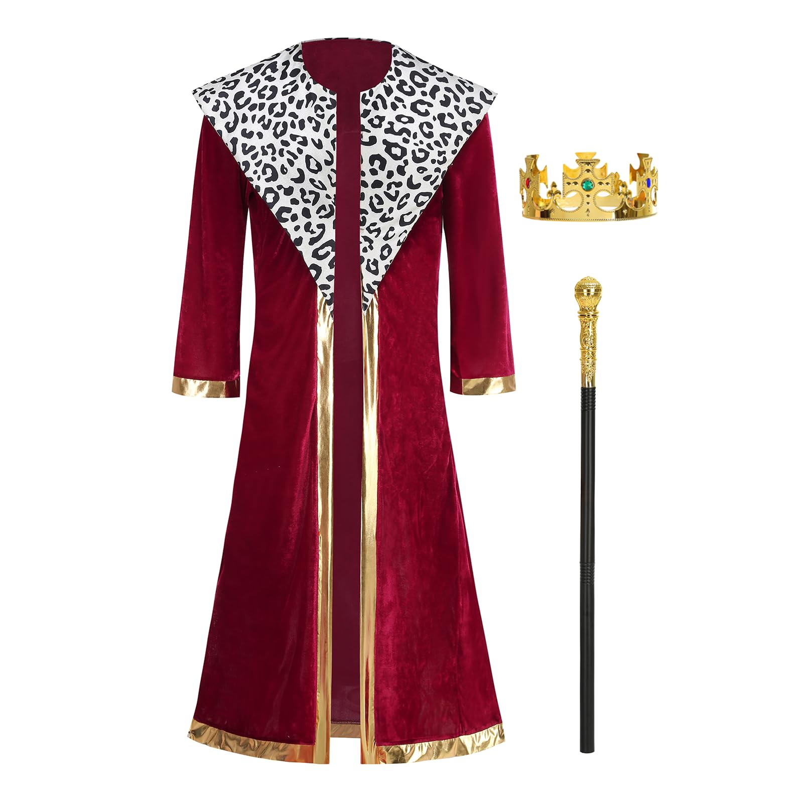 maxToonrain Adult Royal King Costume Set, Velvet Coronation Robe with Shawl Collar, Crown & Scepter for Halloween, World Book Day & Carnival Parties