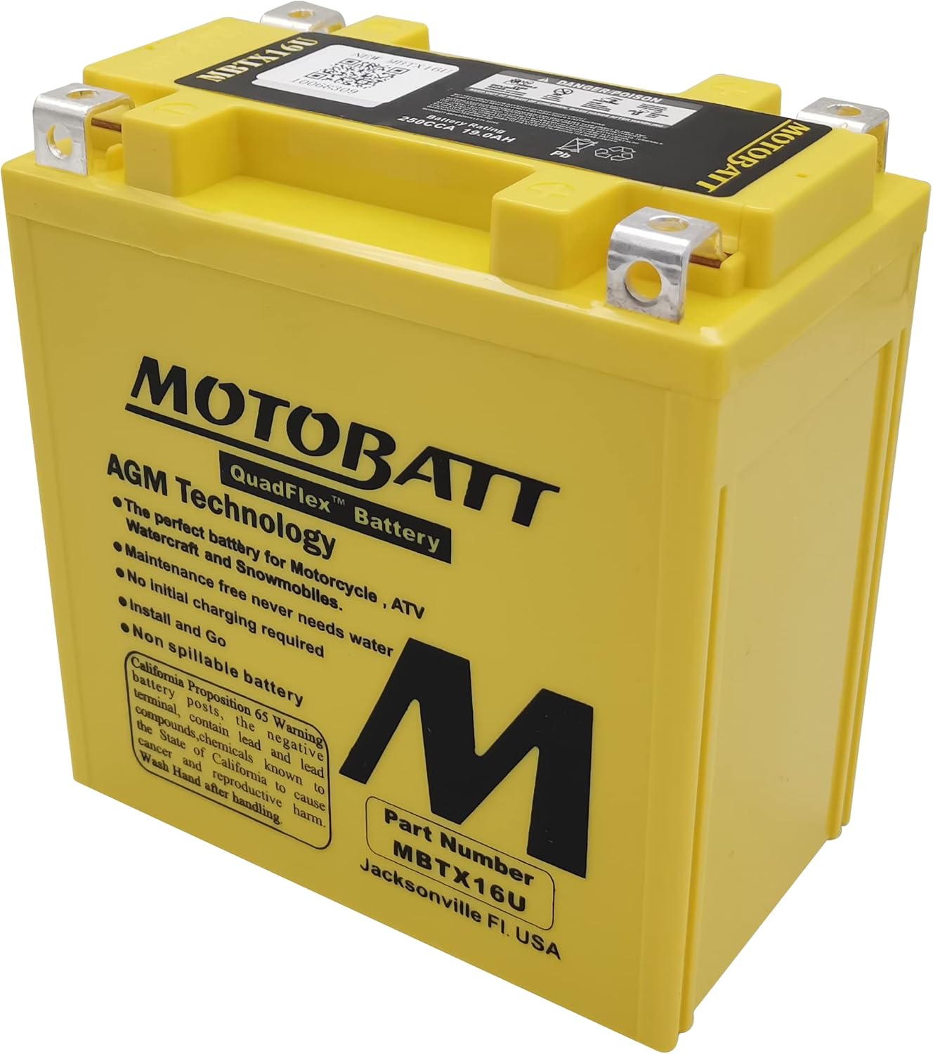 MotoBatt MBTX16U (12V 19 Amp) 250CCA Factory Activated QuadFlex AGM Battery
