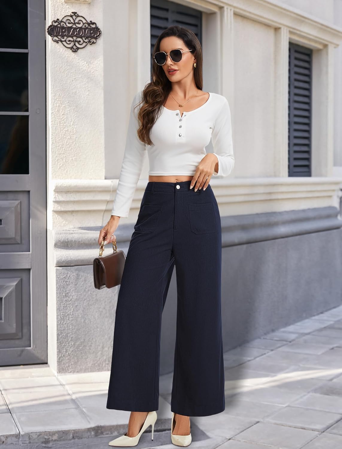 Corduroy Wide Leg Pants Casual High Waisted Elastic Trousers Dress Pants for Women with Pockets Fall Winter - Image 6