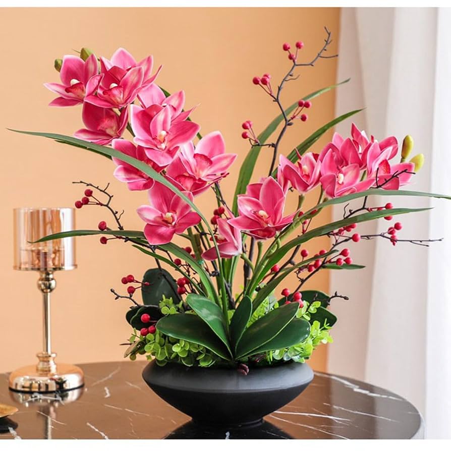 タグ付 胡蝶蘭 黒陶器花瓶 造花 65センチ タグ付 胡蝶蘭 黒陶器