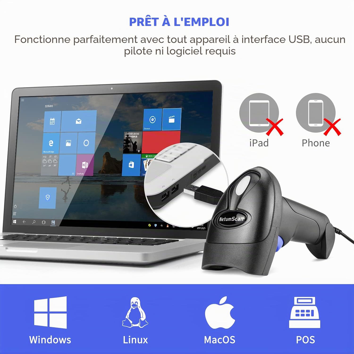 NetumScan - Scanner de Codes-Barres sans Fil CCD, Lecteur de Codes-Barres Automatique USB Compatible avec Ordinateurs Portables PC et Mac, NSL6