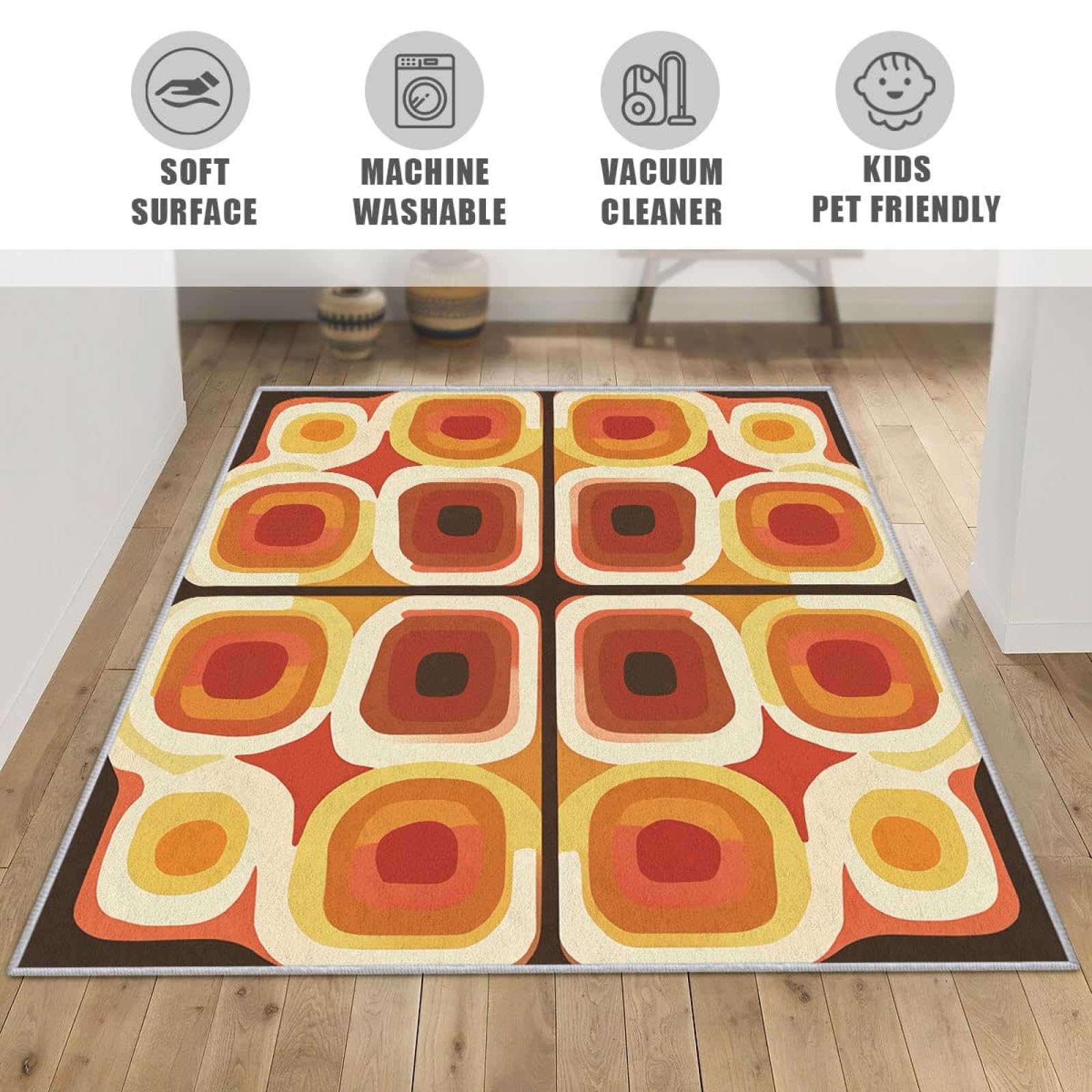 Tappeto antiscivolo anni '70, tappeto con motivo geometrico a cerchi, tappeto lavabile con estetica astratta per soggiorno, camera da letto, cameretta dei bambini, 90x180cm