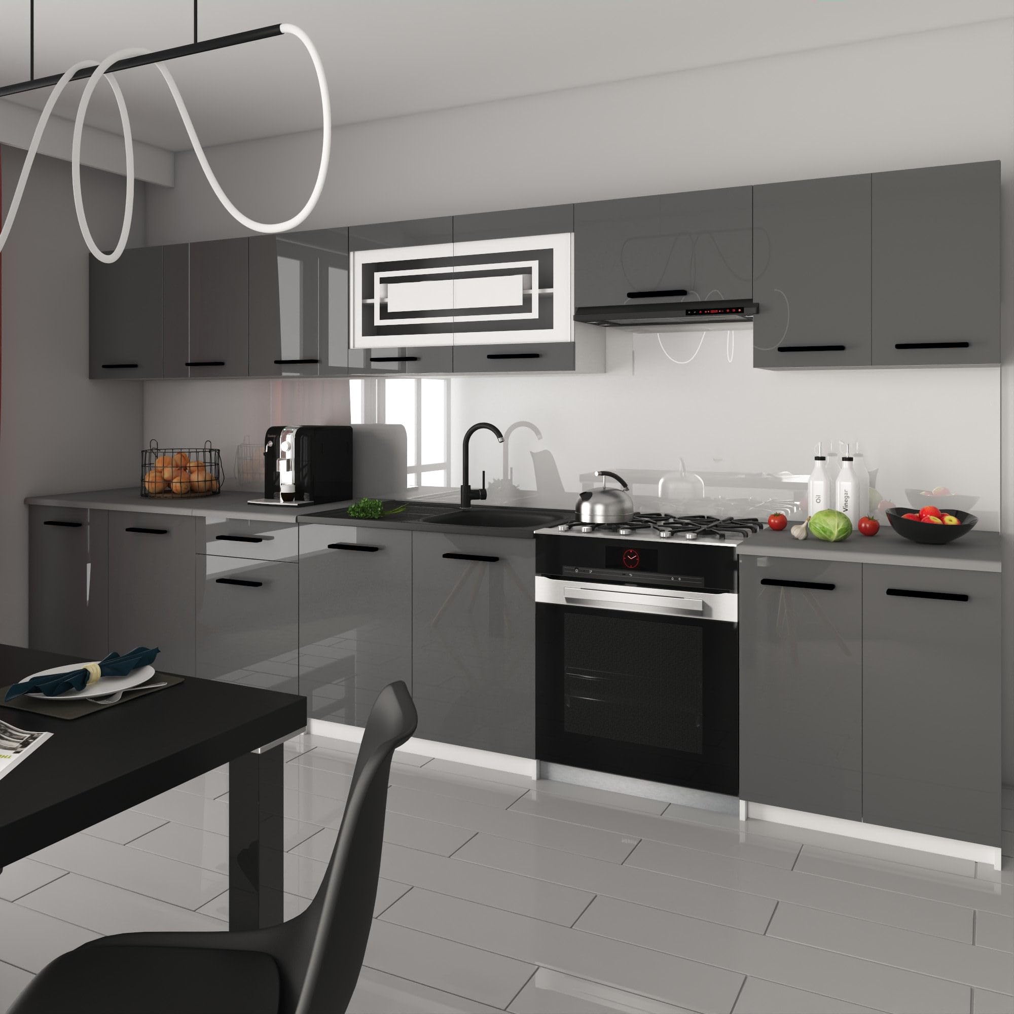 Belini Italia 3 Liniowa szafka kuchenna 320 cm Szary Gloss | ECONATURA DECOR Liniowa szafka kuchenna, szafka, bez sprzętu AGD, z blatem roboczym