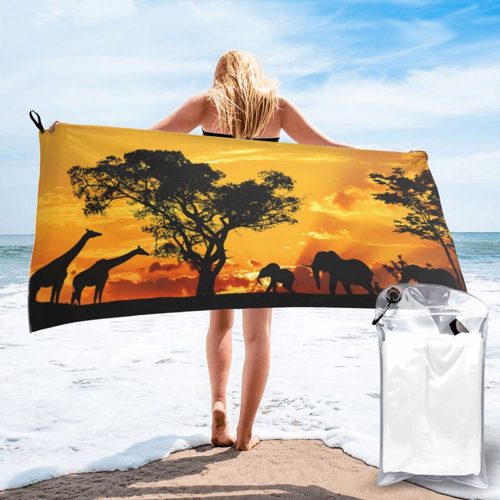 Lawenp Africa Animal and Trees Microfiber Beach Towel Adults Large Quick Drying Bath Towel Travel Towels with Pouch 31.5"x63"