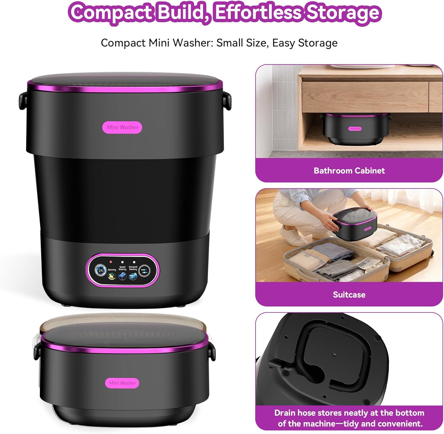 Portable Washing Machine, Folding 20L Mini Washer and Spin-Dryer, 3 Cleaning Modes Small Compact Laundry Machine of Underwear, Baby Clothes, for Apartments, Dormitories, RV, Travel, Black