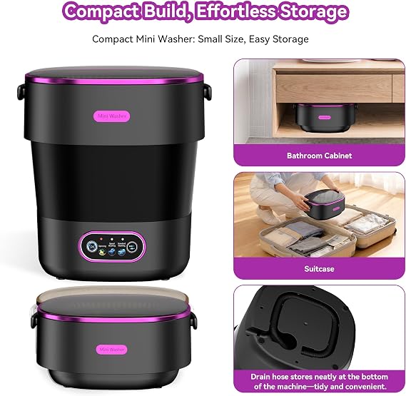 JUJOJB Portable Washing Machine, Folding 20L Mini Washer and Spin-Dryer | 3 modes with deep cleaning. Compact for apartments, dorms, home, RV, and travel. For small clothes and delicates. Black.