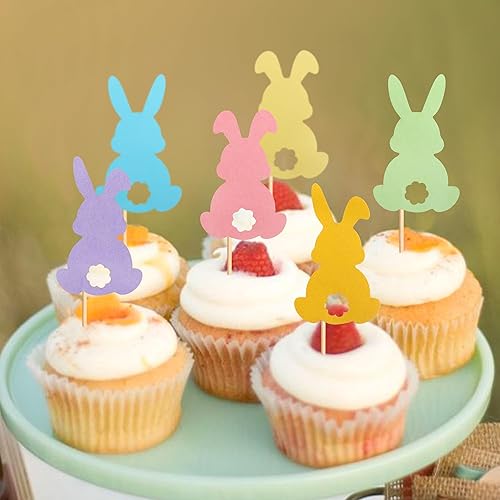 Miniatura 6 de Ercadio 24 piezas coloridas de doble cara para conejos de Pascua para cupcakes de conejito de Pascua, decoración de pasteles, conejo, baby shower