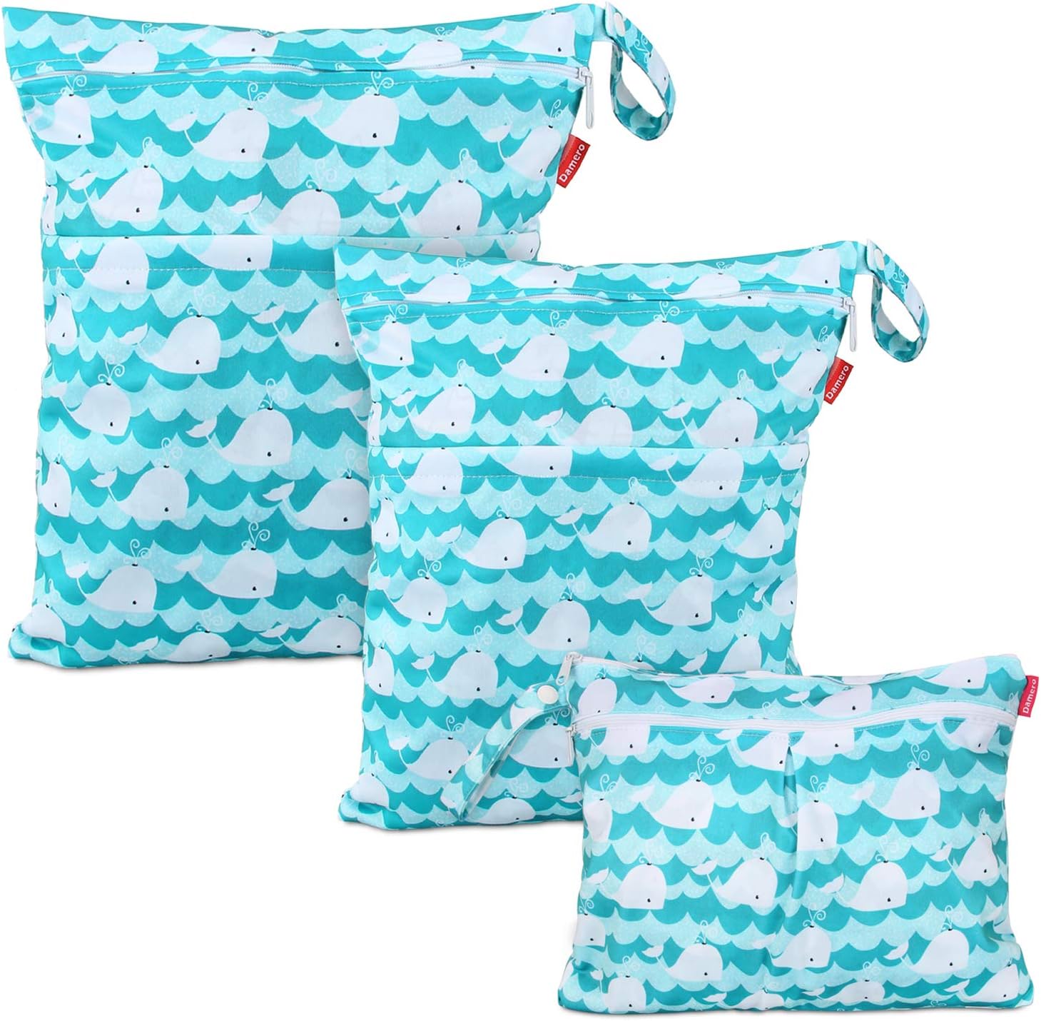 Damero 3 pcs Baby Wet Dry Cloth Diaper Bag, Reusable Wet Dry Nappy Bag, Travel Diaper Organiser Bag for Baby's Nappies, Dirty Clothes and More (Cute Whale)