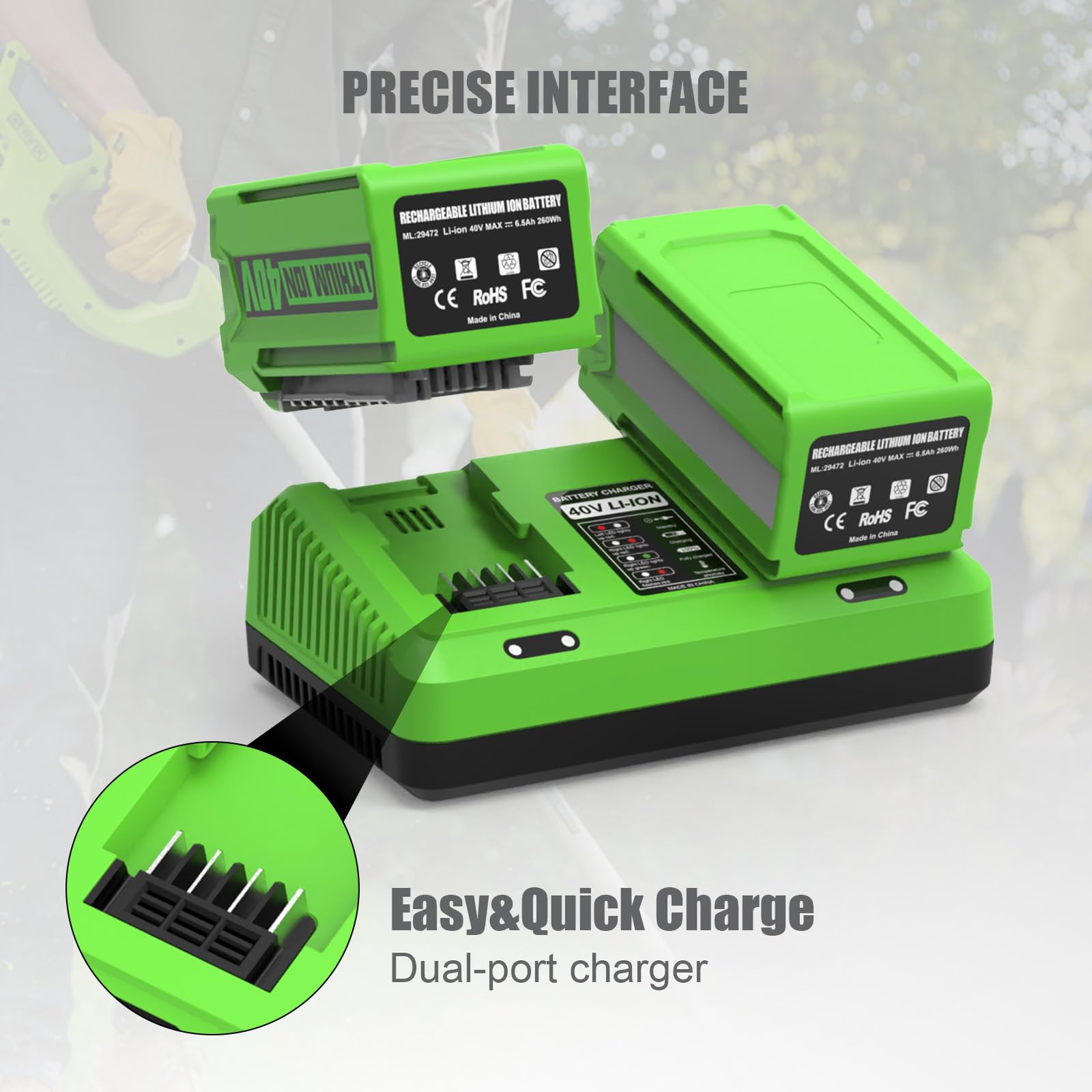 Caricabatterie 40 V Doppia Porta per Greenworks Caricabatterie G40C di Ricambio per Greenworks Batteria 40 V 29462 29472 29252 20202 22262