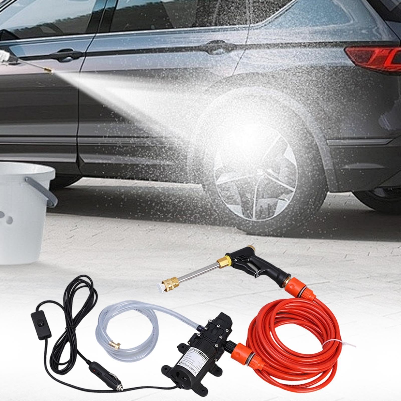 Limpiador a Presión para Coches con Manguera y Pulverizador de Bomba de | Kit Lavado Coches 12V con Depósito Espuma Para Limpieza De Vehículos, Exteriores, Patios, Jardines, Ventanas, Paredes