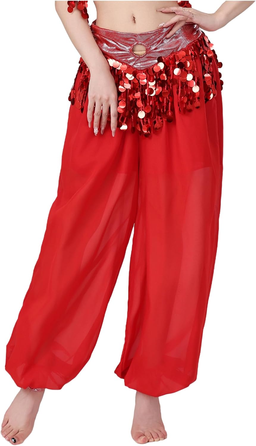 Belly Dance Pants for Women Sequin Tassel High Waist Harem Pants Arabian Performance Trousers