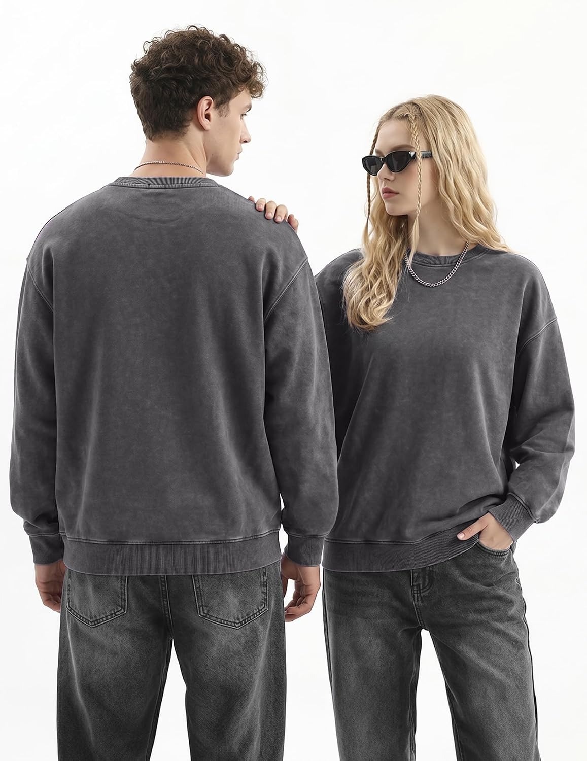 JMIERR Mens Acid Washed Cotton Crewneck Sweatshirt Long Sleeve Pullover