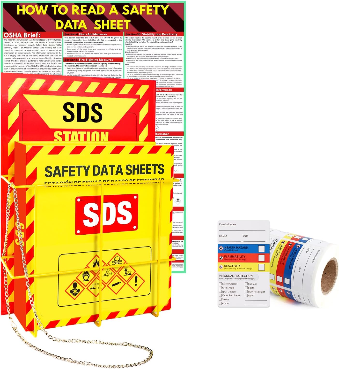 MSDS SDS Binder and Wall Station,Yellow Heavy Duty 3 Inch Material Safety Data Sheet 3 Ring Binder with SDS Wire Rack and Display Sign,Chain,Safety Posters,MSDS Labels,Binder Wall Mount