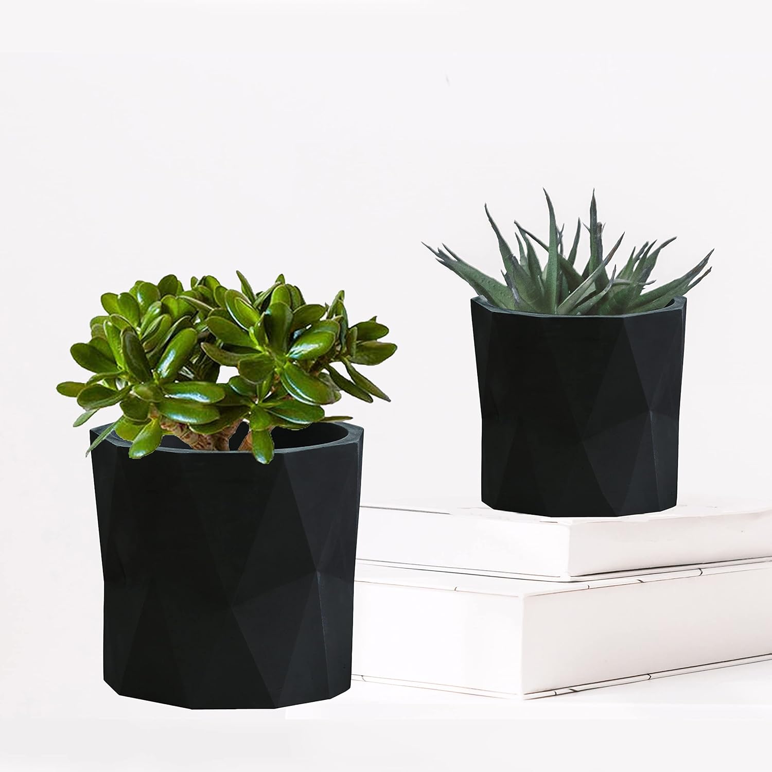 Olly & Rose Designer Geometric Ceramic Black Plant Pot Succulent Pots Cactus Planters Set 2 Indoor Outdoor Small Flower Pot Set Charcoal