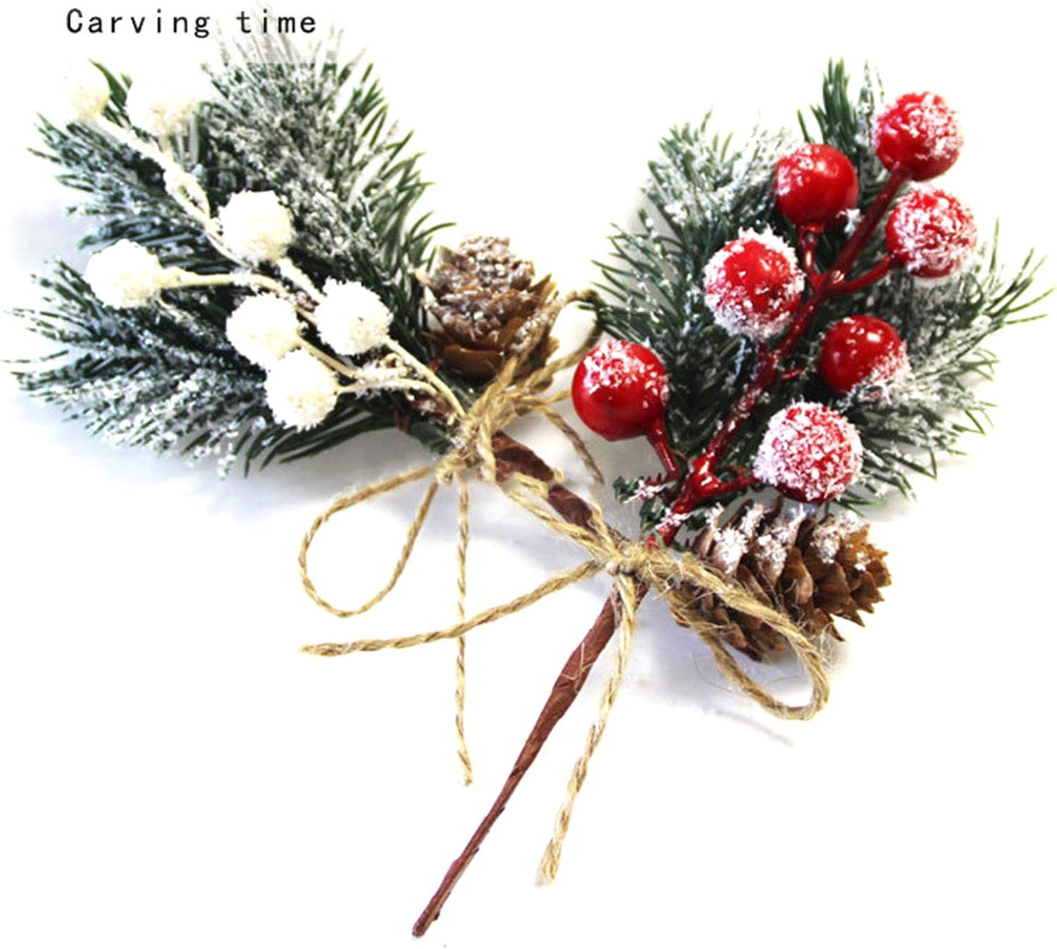 20 Pcs Christmas Berry Stems Pine Branches Artificial Holly Flocked Berry Pine Cone Picks for Christmas Tree Decoration Wreath Crafts Holiday Party Decor (Red,White)