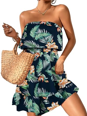 Women Beach Sun Dresses Tropical Summer Casual Ruffle Hem Strapless Tube Dress