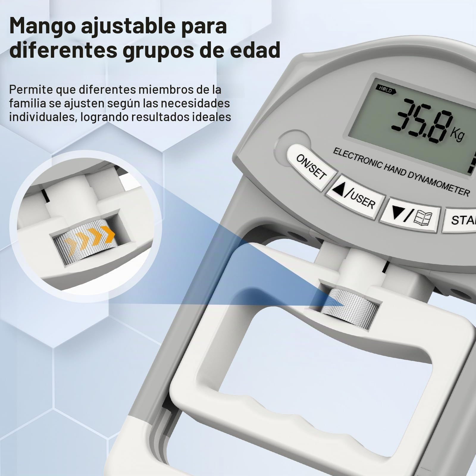 Dinamómetro Digital de Mano, Ejercitador de Manos Ajustable de 90 kg / 198 lbs, Dinamometro Mano con 19 Juegos de Registros Individuales para Entrenar el Agarre, la Fuerza de Los Dedos