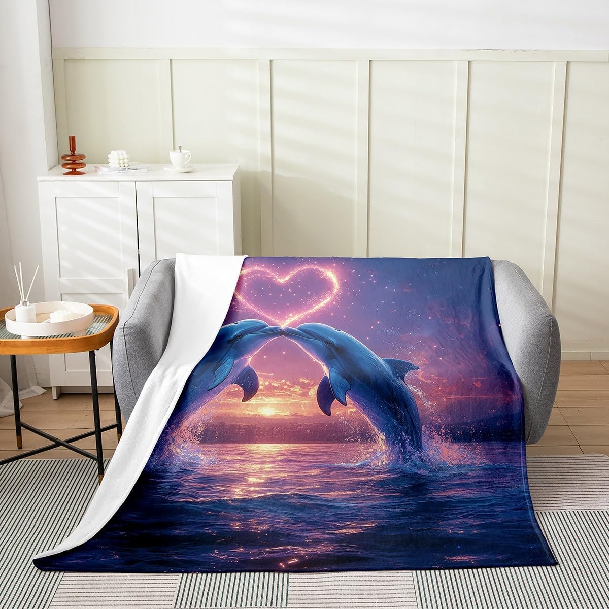 Couple Dolphin Kids Flannel Blanket,Sunset Ocean Waves Romantic Bed Blanket for Boys Girls,Marine Life Ocean Animal Fleece Blanket,Blue Pink Fuzzy Blanket,Queen Size (90 x 90 Inches)