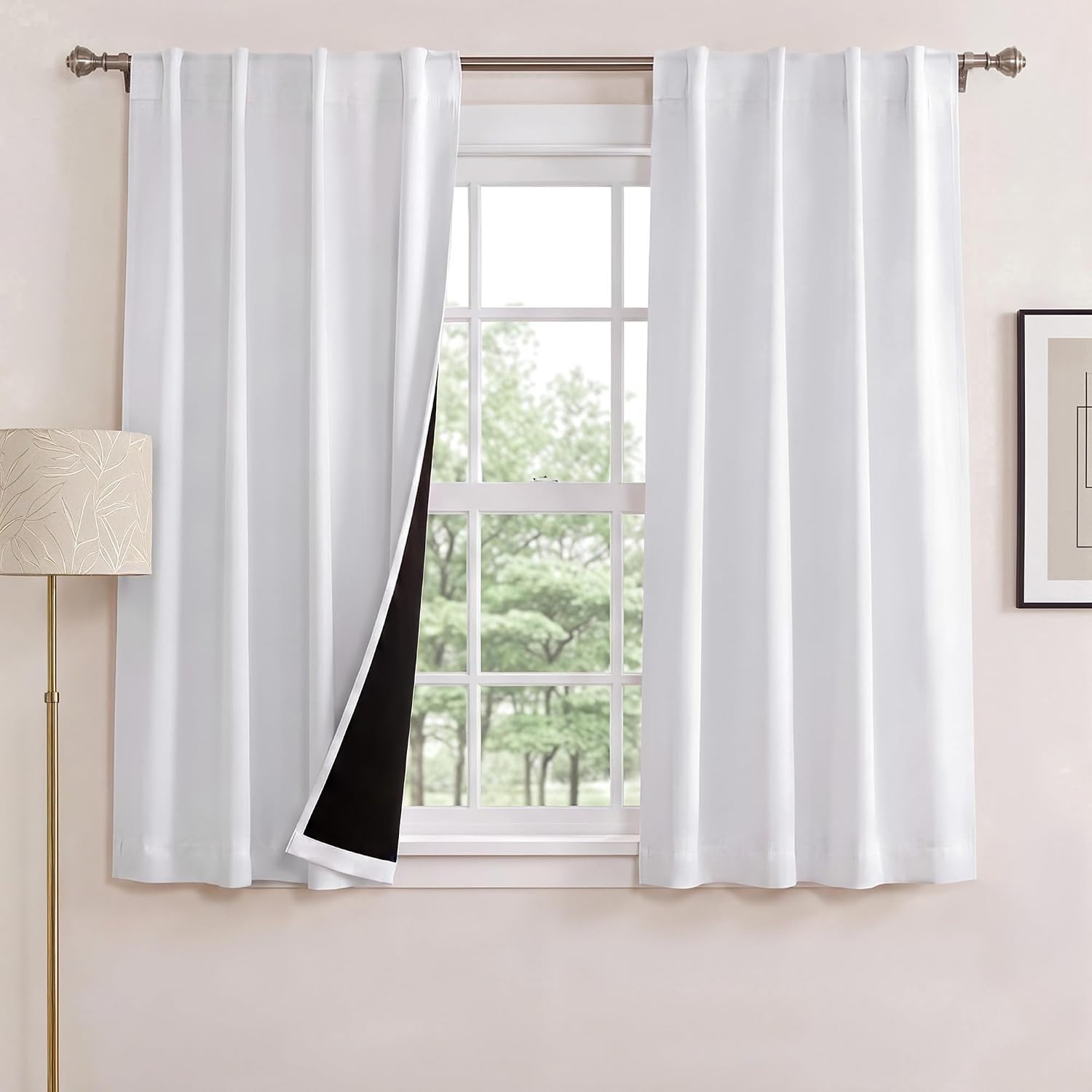 NICETOWN Cold Reducing 100% Blackout Small Window Curtain Panels, Drapes with Black Liner, 45 Inches Drop Thermal Insulated Draperies for Cafe (White, 2 Pieces, 37 inches Wide Each Panel)