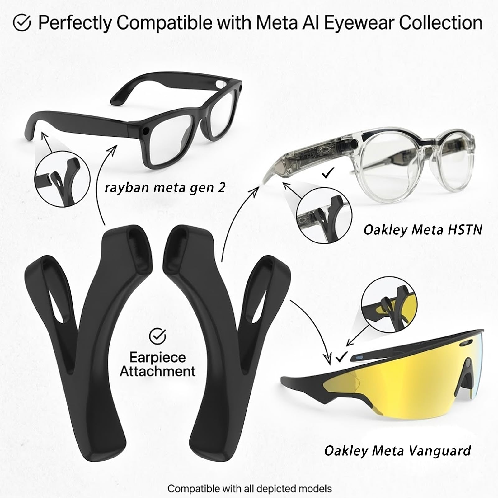 Agarre ajustable para gafas compatible con Oakley Meta HSTN/Vanguard, Ray-Ban Meta Gen 1/Gen 2/Wayfarer/Skyler/Headliner, retenedores de silicona antideslizantes, suaves y cómodos