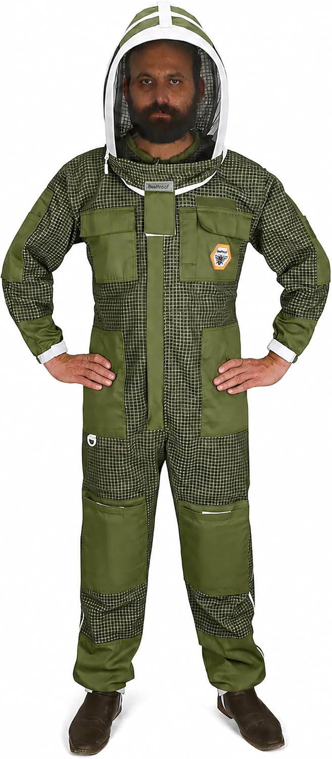 Beekeeping Suit Ventilated 3 Layer Ultra with Total Protection with Safety Fencing for Professional Beekeeping Supplies with Carrying Bag (BP-311-Green)-S