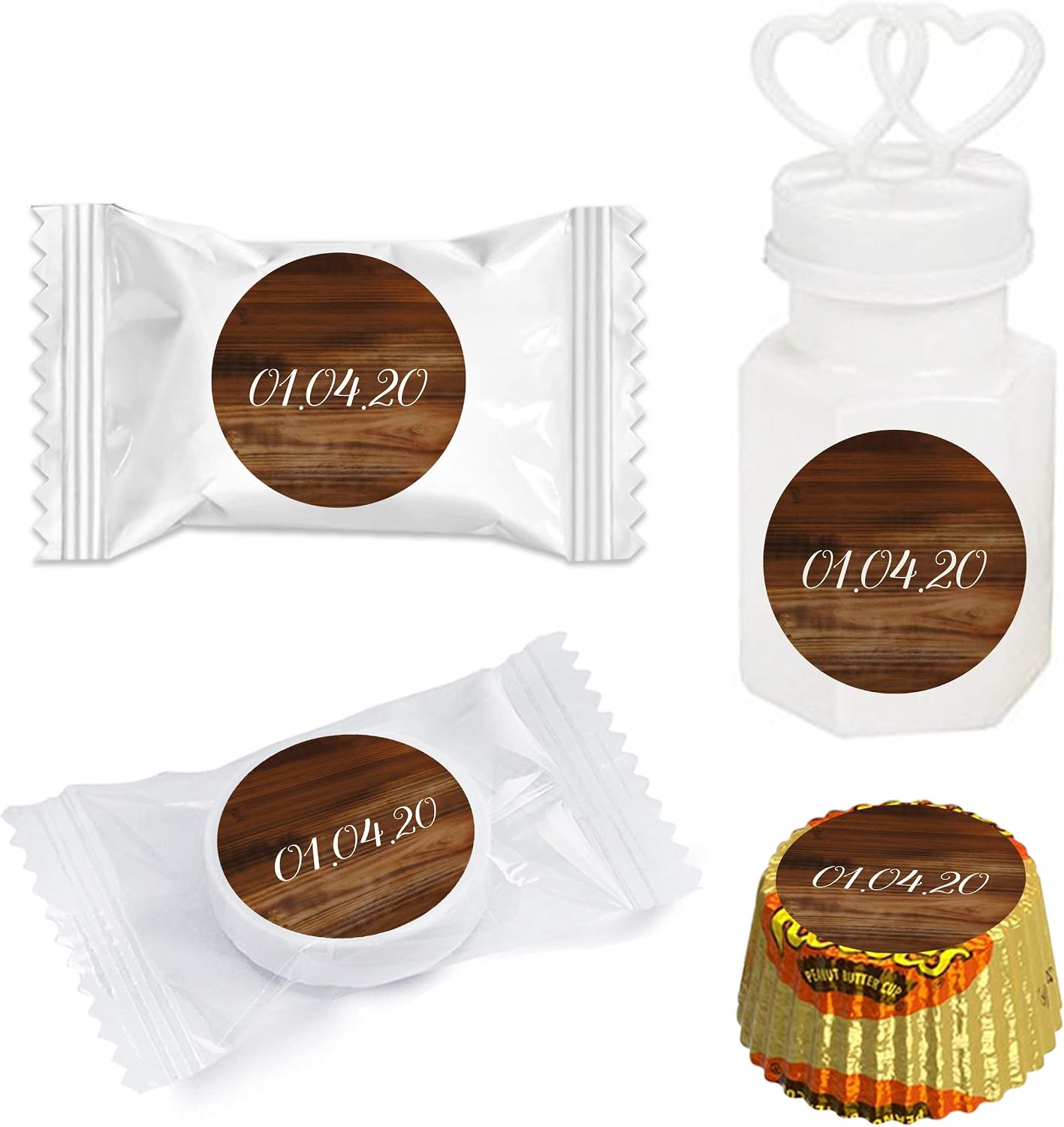 Andaz Press Personalized Wedding Chocolate Drop Label Stickers, Interlocking Double Hearts, Rustic Wood Print, 216-Pack, for Engagement Bridal Shower Kisses Party Favors