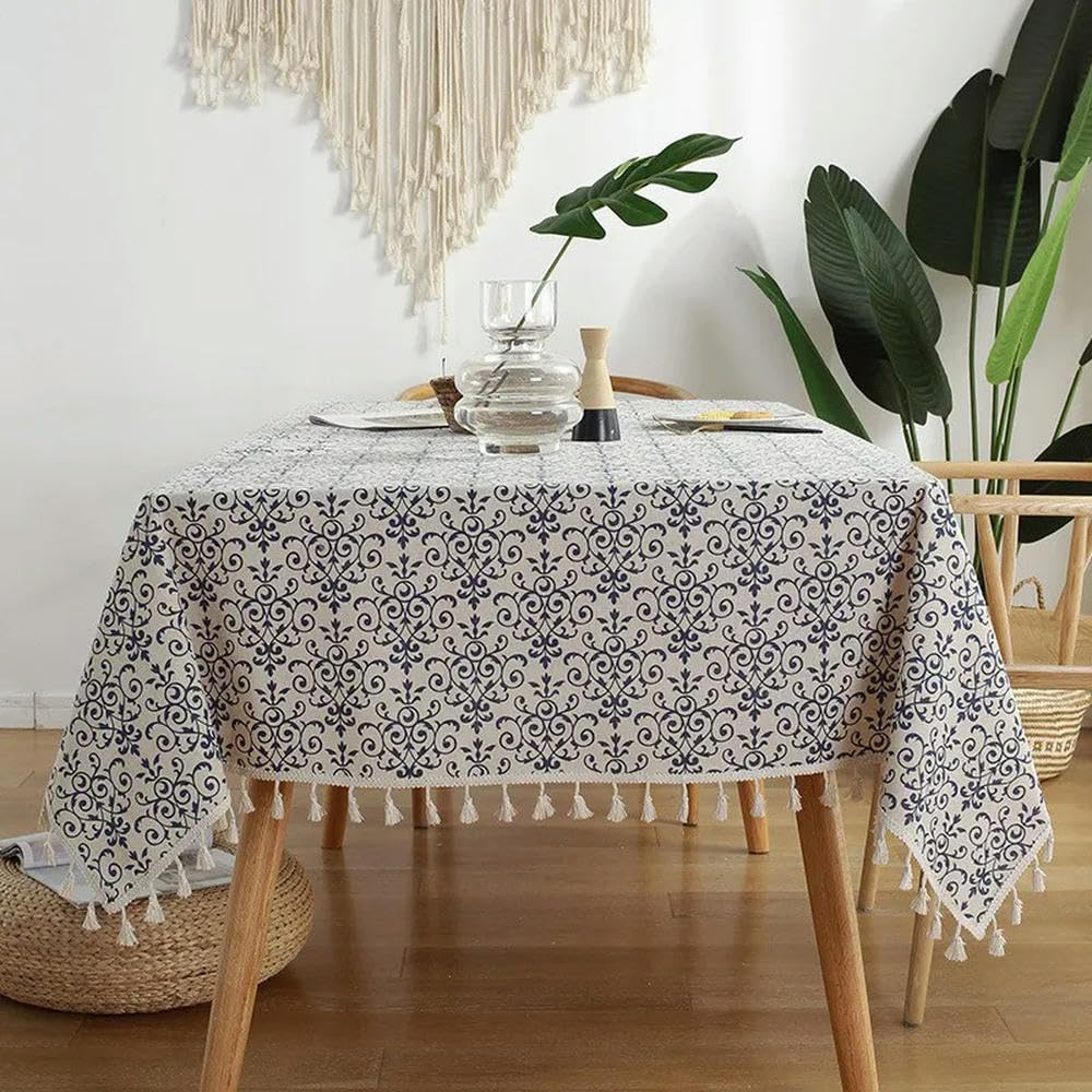 Mantel Rectangular de decoración de Lino y algodón de Porcelana Blanca y Retro Azul de Estilo Chino de 60~300cm con Borla Mantel para Mesa de té
