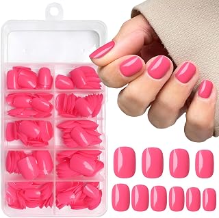 AddFavor 240pc/Pack Short Press on Nails Rose Red Short Square Round Fake Nails Glossy Full Cover Acrylic Artificial False Nails with Adhesive Tabs for Women Girls Kids Fingernail Manicure