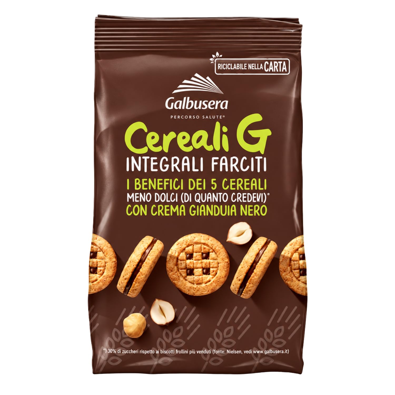 Biscotti Sandwich Integrali ai 5 Cereali Farciti con Crema al Gianduia Nero, Ricchi di Fibre, Confezione da 250 g, Variazioni 4/8/12 Pezzi (12 PEZZI)