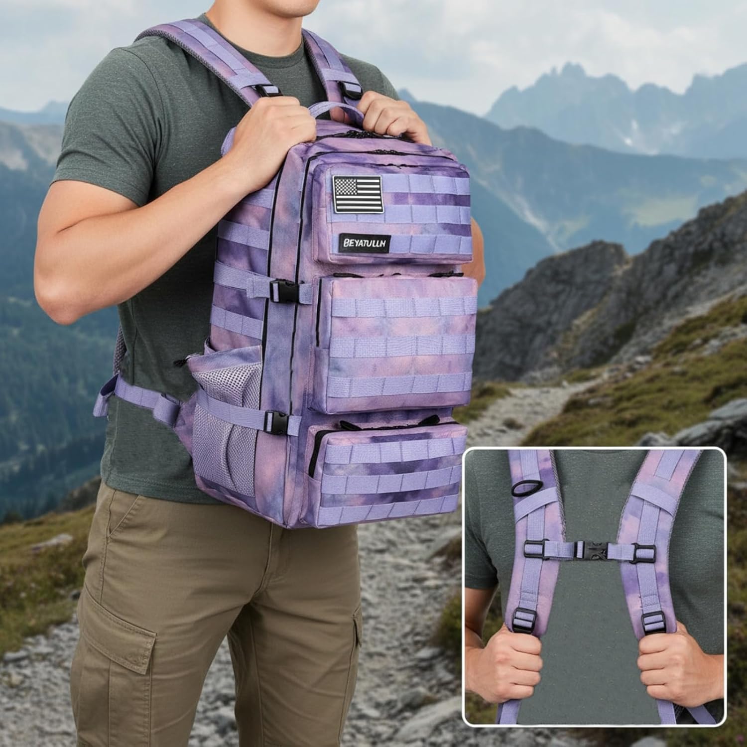 Military Tactical Backpack 55L for Men & Women Bug Out Bag Assault pack Molle Daypack Hiking Trekking Rucksack (Cloud Purple Tie Dyeing)