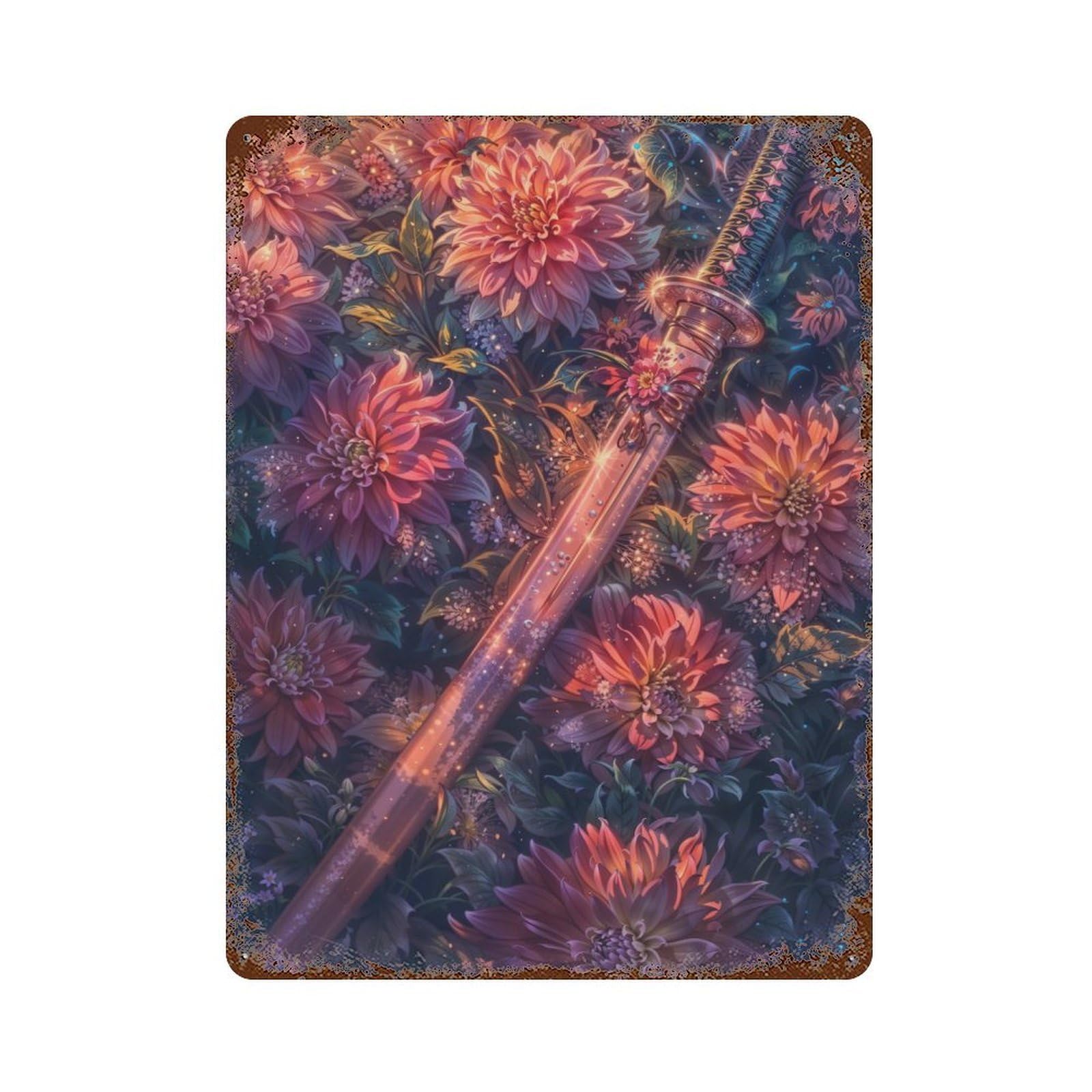 Katana in Dahlias Weathered Tin Sign 15.7"x11.8", for Garage, Bar And Workshop Decor, Vintage Wall Decor