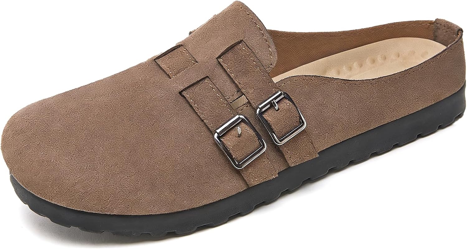 Women's Suede Mule Clogs with Adjustable Buckle Straps Comfort Round Toe Slip-on Lighting Non-Slip Backless Loafers for Casual Home Commuting