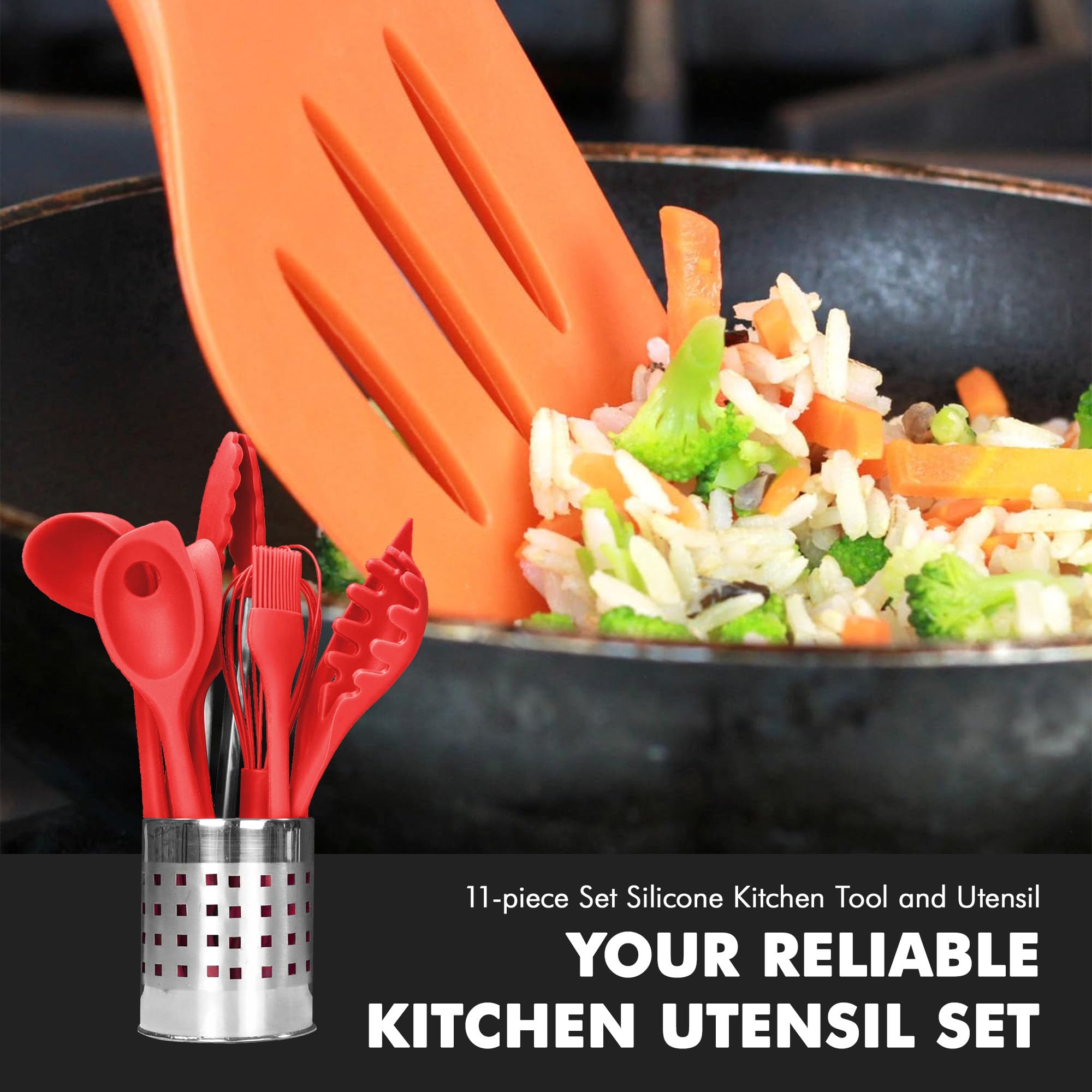 Chef Craft 42106 Set d'ustensiles de qualité supérieure en silicone, bois de hêtre, rouge