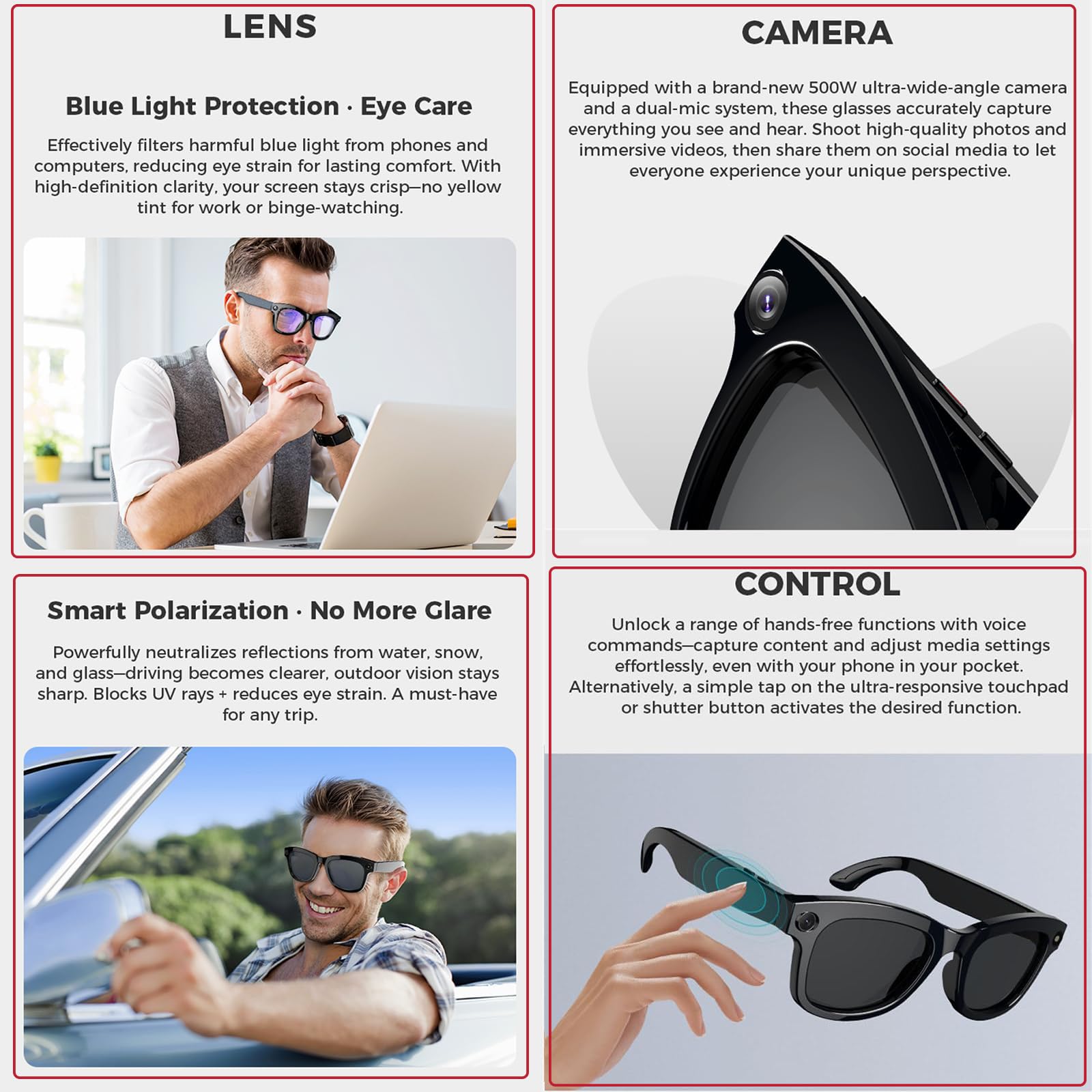 Lunettes de Soleil, Caméra HD 500 W Pixel + Haut-Parleur, Enregistrement Photo et vidéo | Commande vocale | Lecture de Musique | Traduction en Temps réel | Wi-FI Bluetooth(Parent,B)