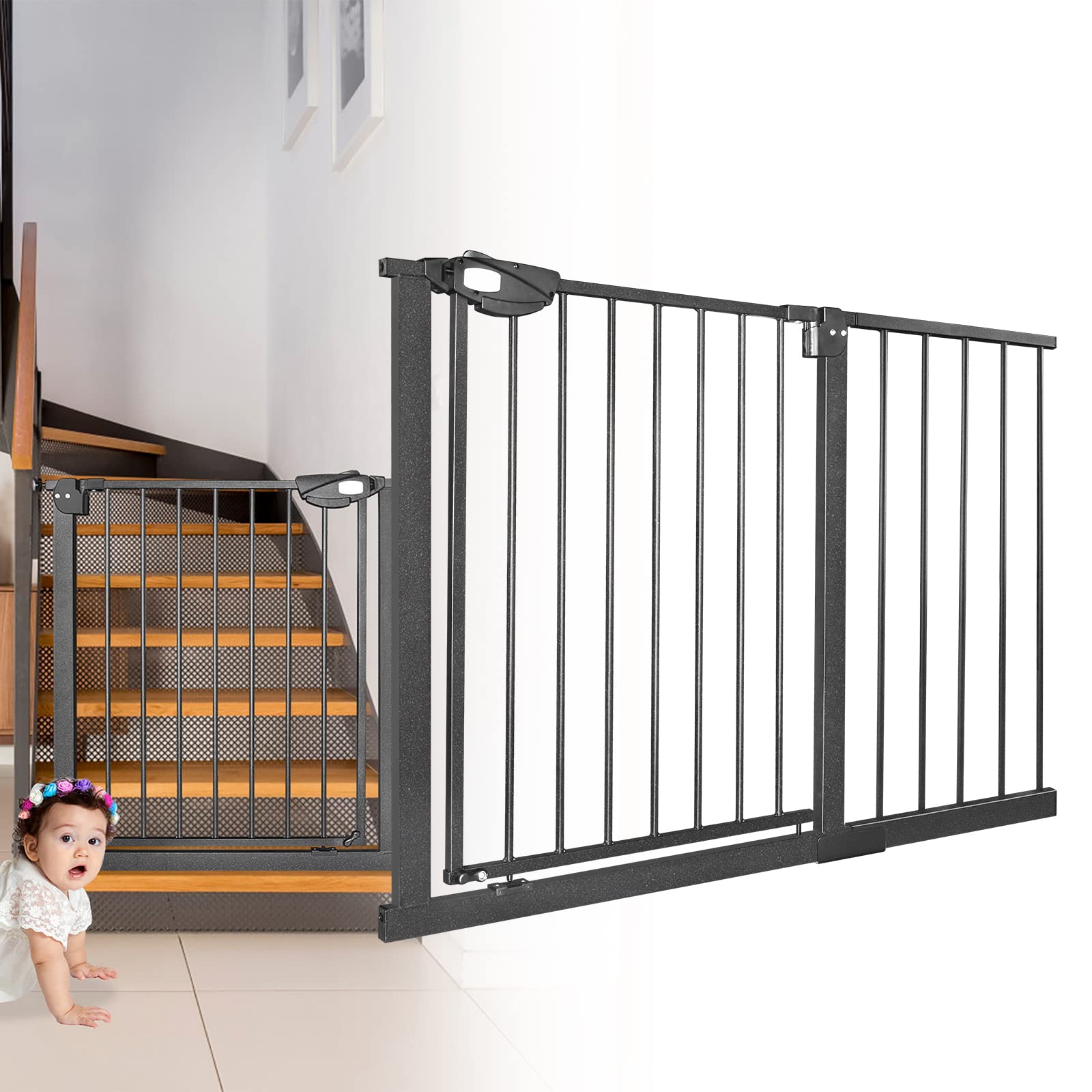 JOIEYOU Treppenschutzgitter ohne Bohren, 105-115 cm Türschutzgitter Treppengitter für Kinder und Haustiere, Einhändiges Öffnen, Schwarz