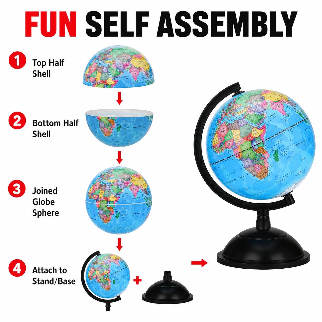 Exerz Globo Terráqueo 20 cm Mapa Español Base Negra Para Escritorio | Diseño giratorio con arco graduado lectura clara para escuela oficina habitación estudio y regalo educativo