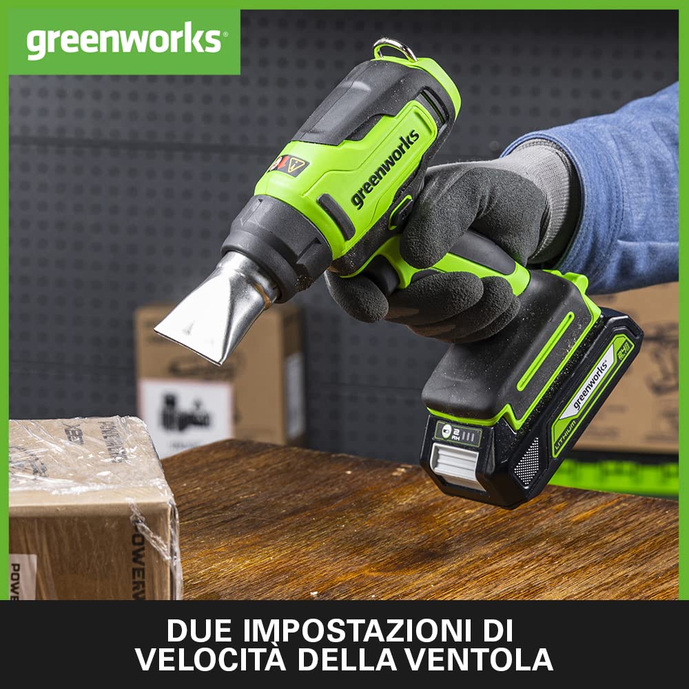 Greenworks G24HG Pistola Termica a Batteria, Riscaldamento Rapido 9 Secondi, Ventola 2 Velocità 200L/min., SENZA Batteria 24V e Caricabatterie, Garanzia 3 Anni