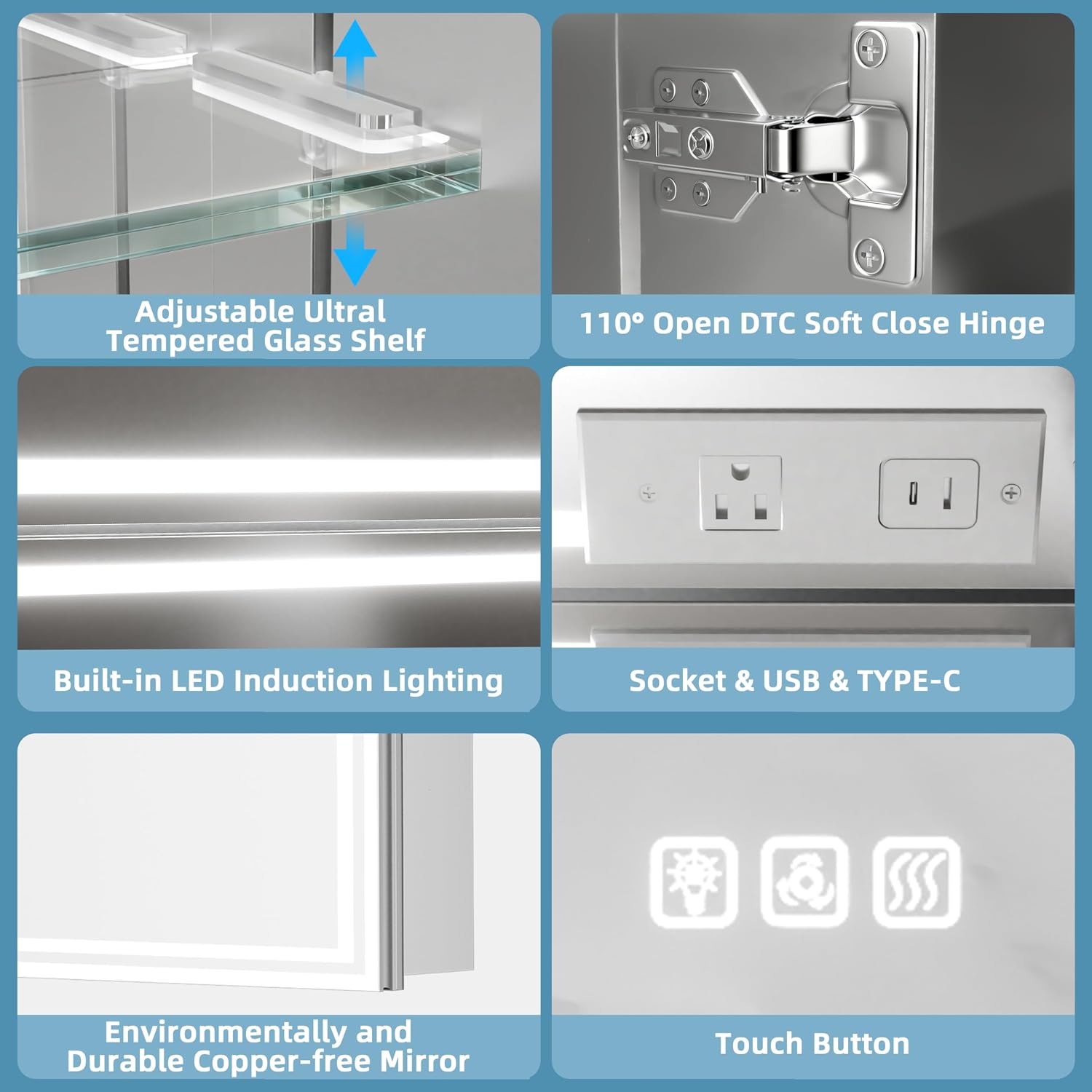 Bathroom Lighted Medicine Cabinet with Mirror,60×36 Inch Cabinets with 3 Doors, Memory Function, 3 Color Temperatures, Anti-Fog,Electrical Outlet & USB, Stepless Dimmer, Storage Shelf